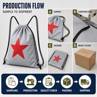 Sac à dos gris à cordon de serrage avec imprimé étoile rouge, sac décontracté pour le sport, les voyages, l'école, les cadeaux, logo personnalisé, vente en gros