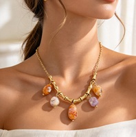 Collier en acier inoxydable plaqué or avec maillons en bambou, breloques en pierres colorées, bijoux pour femmes, à porter au quotidien, cadeau tendance