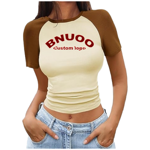 T-shirt en coton raglan pour femme, personnalisé, à manches contrastées, décontracté - Product Image 1