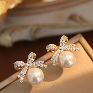 Light Luxury Girls Exquisite Cultured Pearl <b>Earrings</b> <b>Crystal</b> Bow <b>Earrings</b> Micro <b>Stud</b> <b>Earring</b> Cultured - Product Image 4