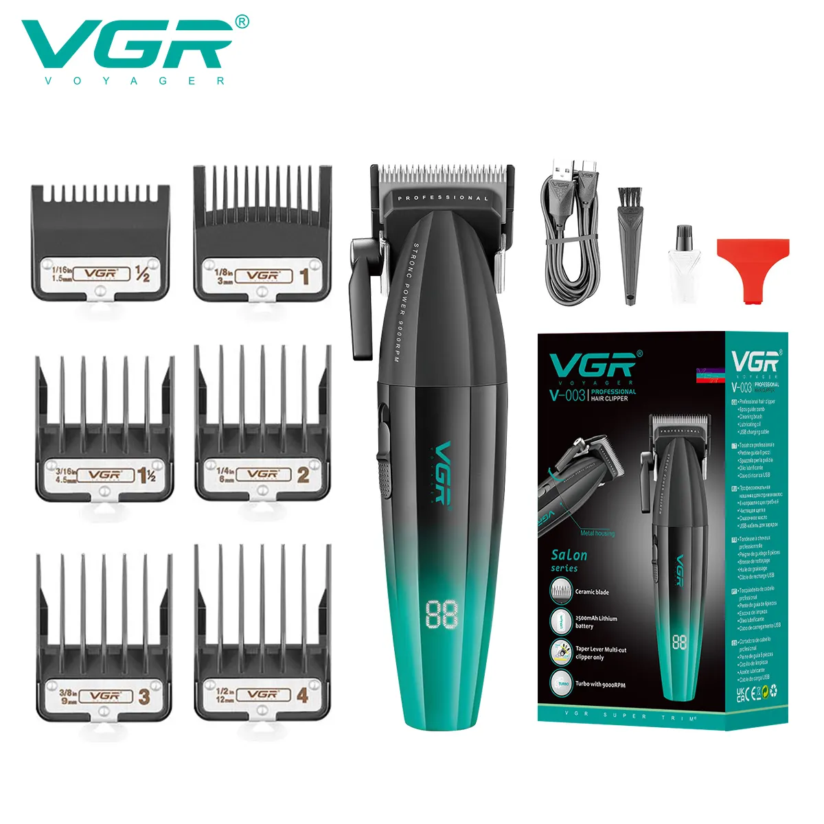 VGR V-003 9000RPM Metal Salon Barber Clippers Rechargeable Professional Hair Clipper for Men