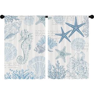 Coastal nautical Bindi ม่านแขวนโพลีเอสเตอร์ลายปะการังสีฟ้าเปลือกหอยรูปปลาดาวสำหรับคาเฟ่ - Product Image 2
