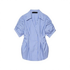 Camisa de Manga Corta a Rayas para Mujer, con Botones y Mangas Abullonadas, Corte Holgado, Informal, Blusa de Algodón Popelina para Primavera/Verano - Product Image 2