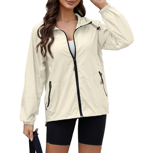 <b>Light</b> Beige Quick Dry Windbreaker <b>Jacket</b> With Zipper Pockets Stand Collar Sporty <b>Summer</b> Wear Regular Fit Polyester Women's Coat - Product Image 1