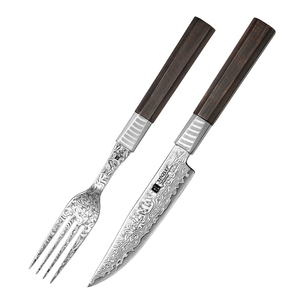 Xinzuo tùy chỉnh Damascus thép gỗ mun xử lý bít tết dao và nĩa đặt dao kéo mới - Product Image 1