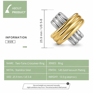 แหวนครอสโอเวอร์สองสี สแตนเลสสตีล ชุบทอง 14K แบบสุญญากาศ ดีไซน์ลายริบบ์ เครื่องประดับโดดเด่น - Product Image 3