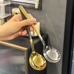 Cuchara de Sopa de Acero Inoxidable 304, Estilo Japonés, Mango Largo y Grueso, Color Negro y Dorado, Titanio, Vajilla de Dos Tonos - Product Image 4