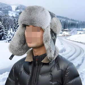 หมวกนักบินหนังสีดำสไตล์ใหม่ แต่งขอบขนกระต่ายนุ่ม พร้อมสายรัดคางปรับได้ สำหรับการล่าสัตว์ เล่นสกี และการเดินทางในหิมะ - Product Image 3