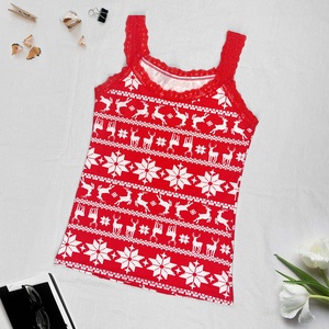Top de Tirantes Rojo con Encaje y Estampado de Reno y Copo de Nieve para Mujer, Venta al por Mayor, Personalizado OEM, Ropa Casual de Vacaciones - Product Image 1