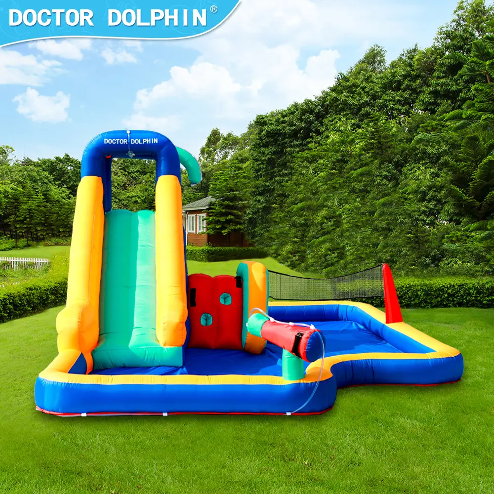 Doctor Dolphin Permainan Bola Voli Anak-anak, Slide Semprot Tiup Rumah Air Slide Melompat Kastil untuk Anak-anak