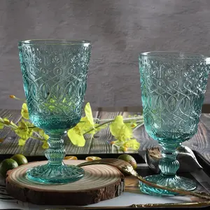 Vintage Colored Beverage Stemmed Glass Cups Embossed Design Glassware Glass Wine Goblet For Water Juice Wine