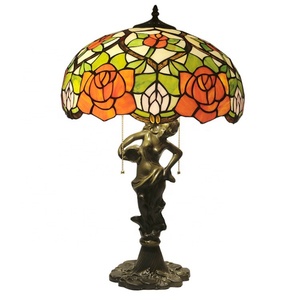 LongHuiJing 16" Mediterranean Tiffany Style Mermaid Base Table Lamp with Handcrafted Stained Glass Rose Dome Shade AC - Product Image 5