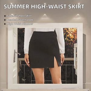 Mini-jupe noire en satin taille haute anti-plis ornée de perles avec fente asymétrique pour femme, style bureau, coupe ajustée, idéale pour l'été - Product Image 2
