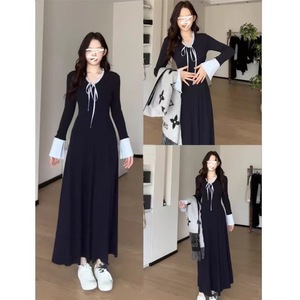Petite Women Elegant Long Sleeve Dress Navy Blue <b>Tie</b> <b>Neck</b> Contrast Color Block Waist Cinching Daily Casual Dress - Product Image 4