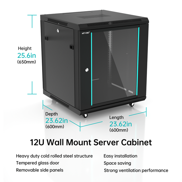 MT-VIKI 12U Server Cabinet Network Rack Vented Enclosure w/Moving Wheel, 0.8mm Thick Steel, 23.6 Deep (600mm), for 19 inch