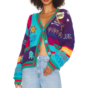 Nhà máy mô hình tùy chỉnh Jacquard thêu đan nút túi của phụ nữ vá Hoang Dã Tây cardigan Áo len - Product Image 1