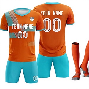 Maßgeschneiderte Fußballuniform Herren Orange Blau V-Ausschnitt Kurzarm Feuchtigkeitsableitend Sublimiertes Team-Trikot-Set Erwachsene Alle Jahreszeiten - Product Image 1