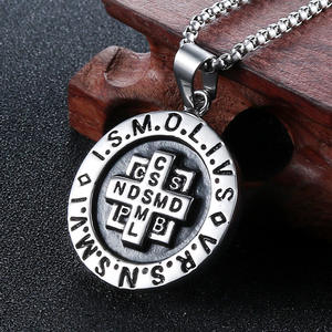 Collier Homme Acier Inoxydable Sexe Catholique St Benoît Exorcisme Croix Pendentif pour Roman Rond Design Protection Fantôme Chasseur - Product Image 3