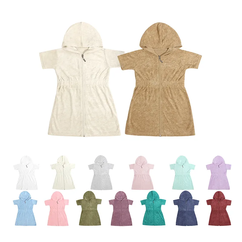 Personalizado bordado niños Albornoz traje de baño cubrir-up con capucha orgánico Terry cremallera playa bata niños niña vestido