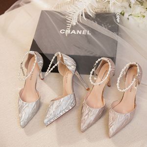 Zapatos de Novia con Tacón de Aguja, Punta en Pico, Correa en el Tobillo, Satén con Perlas, Zapatos de Tacón Alto Cómodos para Bodas y Fiestas - Product Image 4
