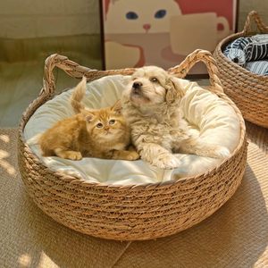Nido di paglia naturale tessuto fatto a mano casa per animali domestici inverno caldo letto per gatti Scratching Board nido di cane con cuscino morbido - Product Image 3