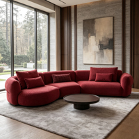 Canapé modulaire en bouclettes rouges, canapé combiné incurvé avec pouf rond pour salon moderne, décoration intérieure