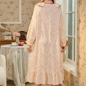 Chemise de nuit imprimée pour femmes, robe de nuit à manches longues et col à volants avec nœud, vêtements de maison décontractés et confortables - Product Image 2