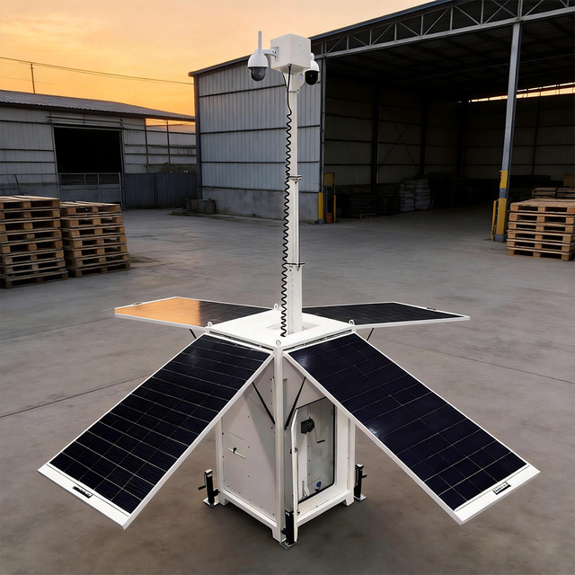 Solar Powered Mobile CCTV Unit with Four 350W Solar Panels 9600Wh Batteries 6m Mast for Outdoor Temporary Security
