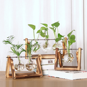 Vase de terrarium hydroponique de bureau minimaliste ampoule <span class=keywords><strong>jardinière</strong></span> en verre support en <span class=keywords><strong>bois</strong></span> support pivotant en métal pour la maison jardin décor de mariage - Product Image 1