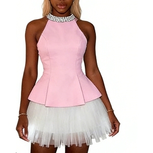 Completo da donna 2 pezzi con top halter peplum e minigonna in <span class=keywords><strong>tulle</strong></span> a rete - Collezione Sehe Fashion - Product Image 4