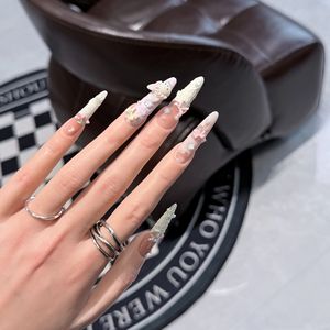 Uñas Postizas de Lujo con Diseño de Ojo de Gato y Manicura Francesa, Decoradas con Cristales de Rhinestone, Hechas a Mano - Product Image 2