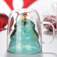 Mug en verre borosilicate à double paroi, motif sapin de Noël, couvercle flocon de neige, 280 ml, résistant à la chaleur, isolé, sans BPA, passe au lave-vaisselle, réutilisable