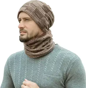 Topi rajut leher tebal untuk pria wanita, topi Beanie rajut leher tebal hangat bahan wol musim dingin untuk pria dan wanita