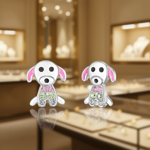 Boucles d'oreilles en or blanc E1920 pour femmes, motif chien de dessin animé, avec cristaux et strass, bijoux fantaisie mignons, cadeau tendance - Product Image 2