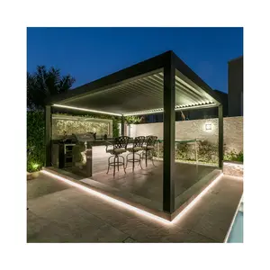 Telhado retrátil de alumínio para gazebo, telhado retrátil de vidro em PVC, design moderno, pergola de alumínio em forma de persiana elétrica