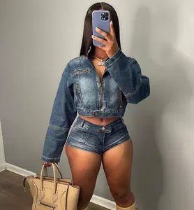 STOCK Sexy Long Sleeve Crop Jean Jacket Two Piece Set Women Clothes Denim Stretchy Shorts Two Piece Set Outfits