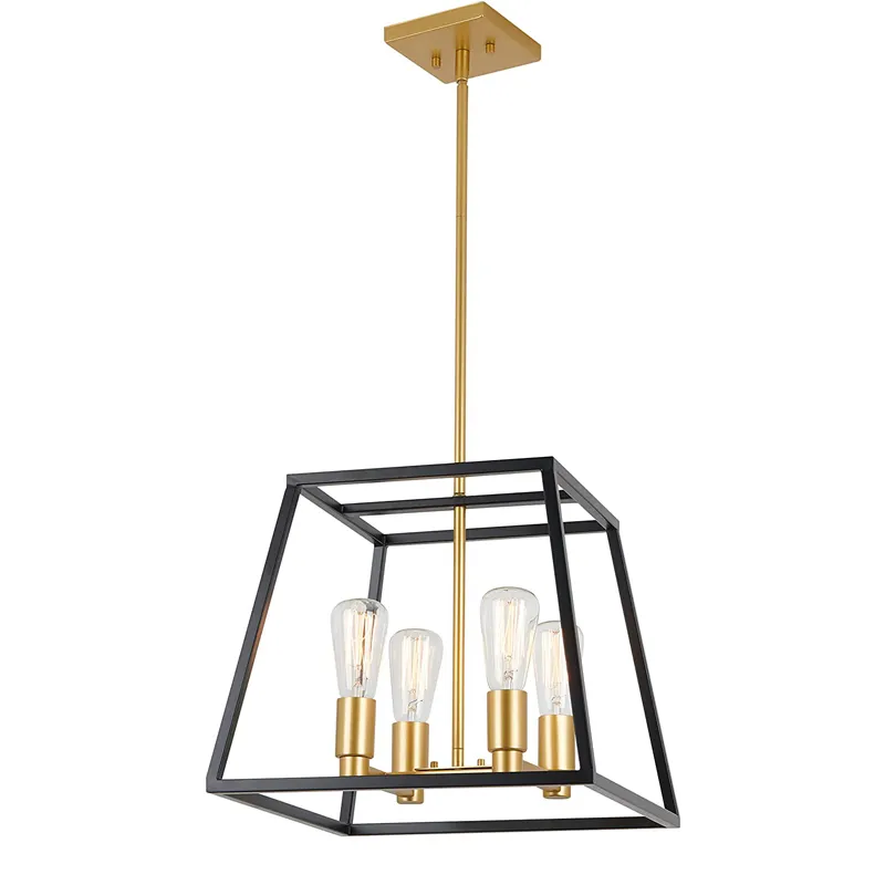 Antique Industrial Square 4 Pendant Light Lantern Fixture Kitchen Island Chandelier with a Steel Black and Gold Finish