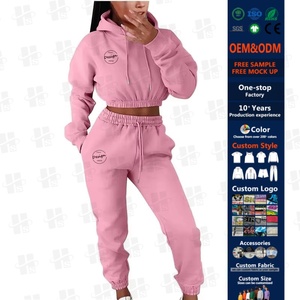 Conjuntos Deportivos Personalizados para Mujer, Sudadera Corta con Capucha y Cordón, Pantalones Deportivos con Banda Elástica, Conjunto de Dos Piezas para Correr, Ropa de Invierno para Mujer - Product Image 1