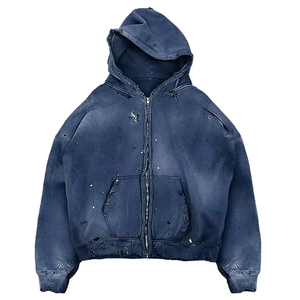 Sweat à capuche zippé pour homme, coupe oversize, couleur unie, effet délavé numérique, tricoté, 100% coton, longueur standard, style vintage streetwear - Product Image 3