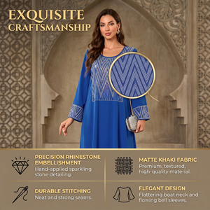 Vestido Modesto de la Colección Boutique, Azul Rey, Manga Larga, Maxi, Panel Geométrico con Hotfix, para Ocasiones como el Eid, Elegante, Silueta Holgada - Product Image 3