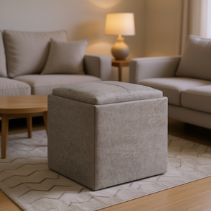 Rockwood Distressed Grey Taupe Cube <b>Storage</b> Ottoman Fabric Modern Living Room Furniture - Product Image 2