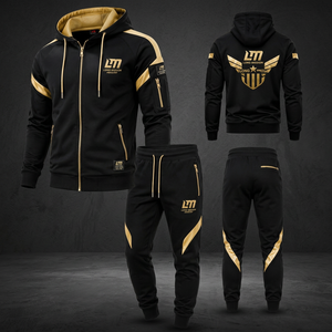 Conjunto Deportivo Long Mission para Hombre, Negro y Dorado, Sudadera con Capucha y Cierre Completo, Pantalones Deportivos Ligeros, Ropa Casual de Invierno, Transpirable, 100% - Product Image 4