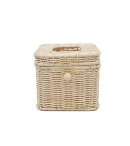Huangtu Wholesale Natural Color Square Decorative Woven Facial Tissue Holder with Hinged Top Lid Rattan Tissue Box Cover