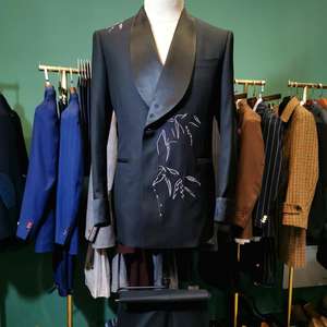Ensemble de <span class=keywords><strong>costume</strong></span> de smoking noir sur mesure, tissu en laine italienne STB, broderie en bambou chinois, blazer et pantalon pour fête et <span class=keywords><strong>mariage</strong></span> - Product Image 3