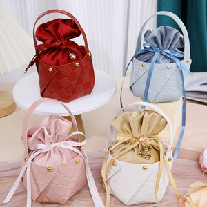 European Style Light Luxury Grid Pattern Rhomboid Leather <b>Bucket</b> Wedding Candy Gift Bag with Velvet Lining - Product Image 2