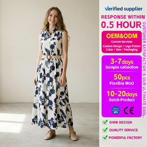 Nuovo Abito Chemisier Senza Maniche Blu Bianco Floreale Lungo <span class=keywords><strong>Maxi</strong></span> OEM ODM Personalizzato Ingrosso Casual da Donna per Serate e Feste - Product Image 2