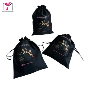 Kashmere Luxe Black Satin <b>Drawstring</b> <b>Bag</b> With Printed Women Image And Logo For Extensions Packaging - Product Image 2