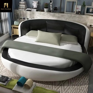 עיצוב ריהוט חמוד עץ כותרת יוקרה בצורת המלך גודל עגולה מיטת עור שחורה - Product Image 5