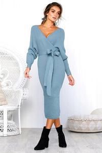 Abito <span class=keywords><strong>Lungo</strong></span> Elegante da Donna con Cintura, Maniche Lunghe, per Autunno e Inverno, Stile <span class=keywords><strong>Maglione</strong></span> Maxi - Product Image 2