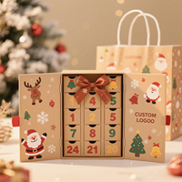 Boîte de calendrier de l'avent de Noël personnalisée avec logo, double porte, style livre, ruban rouge, nœud, imprimé Père Noël et rennes, 24 compartiments, boîte cadeau compte à rebours